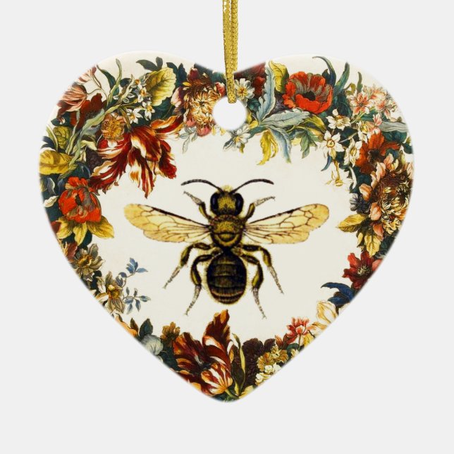 SPRING FLOWERS HONEY BEE / BEEKEEPER HEART CERAMIC ORNAMENT (Front)