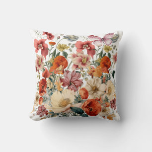 Spring Flowers in Bloom with Butterflies Throw Pillow