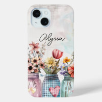 Spring Flowers in Mason Jar Design with Name