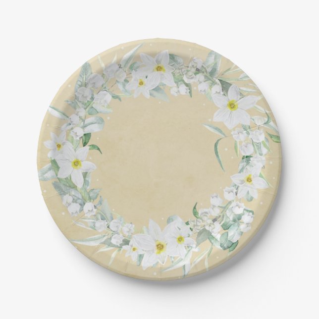 Spring Flowers in White Floral Wreath Paper Plate (Front)