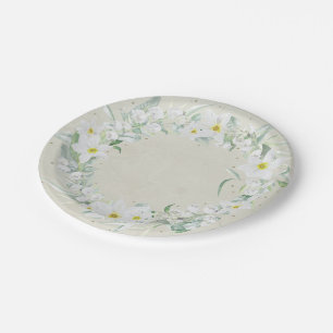 Spring Flowers in White Floral Wreath Paper Plate