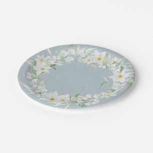 Spring Flowers in White Floral Wreath Paper Plate