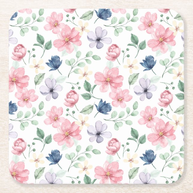 Spring Flowers & Leaves Pattern Square Paper Coaster (Front)