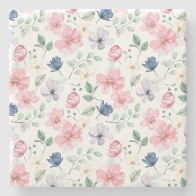 Spring Flowers & Leaves Pattern Stone Coaster (Front)