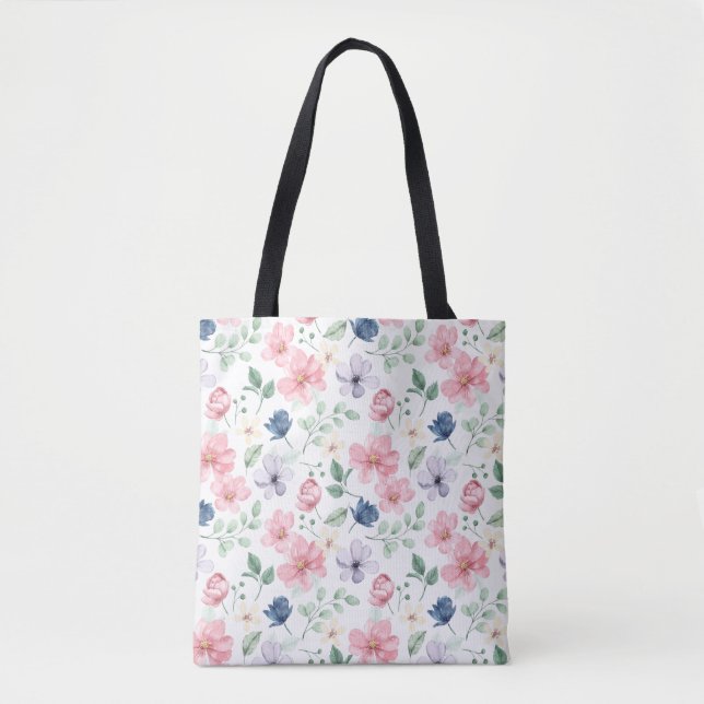Spring Flowers & Leaves Pattern Tote Bag (Front)