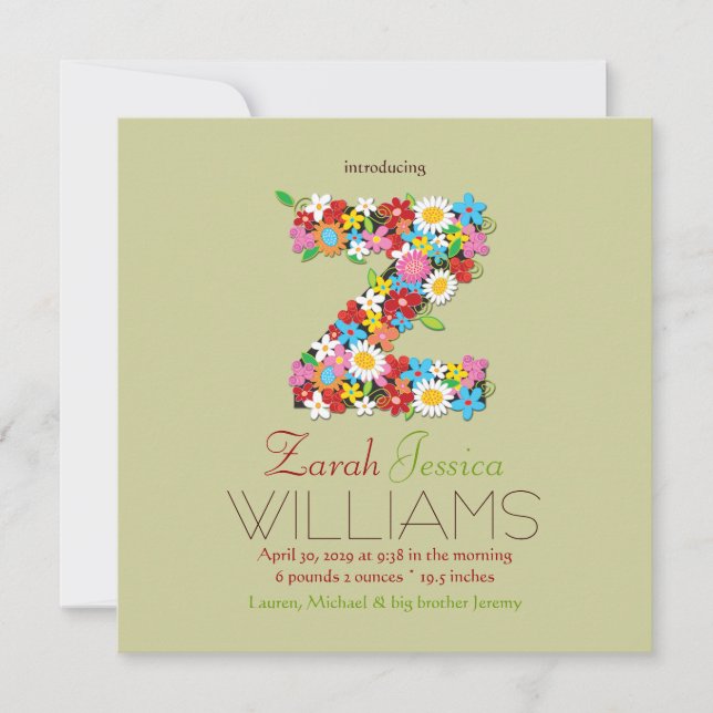 Spring Flowers Monogram Baby Girl Photo Birth Announcement (Front)
