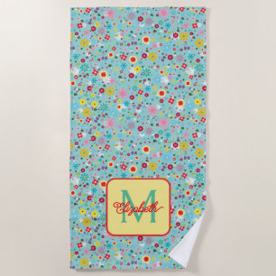 Spring Flowers on Aqua Blue Monogram Beach Towel