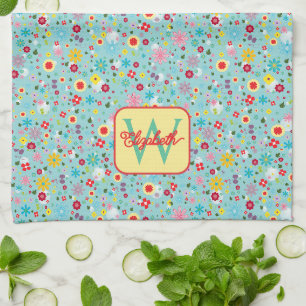 Spring Flowers on Aqua Blue Monogram Kitchen Towel