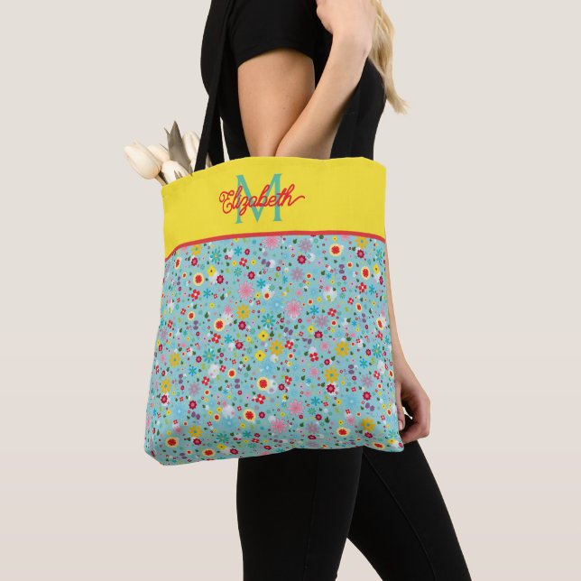 Spring Flowers on Aqua Blue Monogram Tote Bag (Close Up)