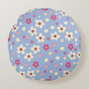 spring flowers on blue background round pillow