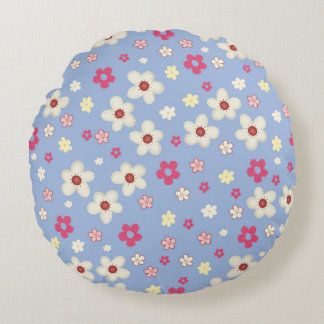 spring flowers on blue background round pillow