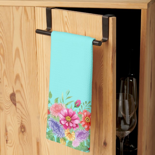 Spring Flowers on Teal Background Kitchen Towel (Thirds Fold)