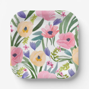 Spring Flowers   Pastel Floral Watercolor Paper Plate
