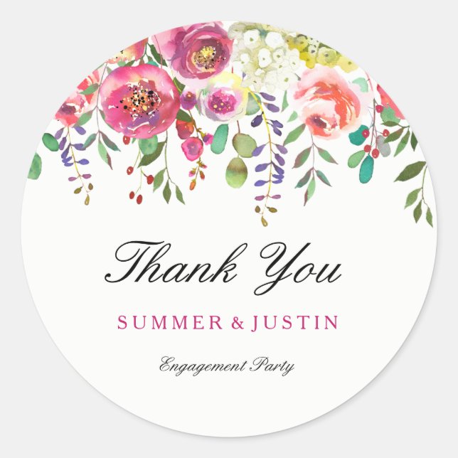 Spring Flowers Pink engagement party Thank You Classic Round Sticker (Front)