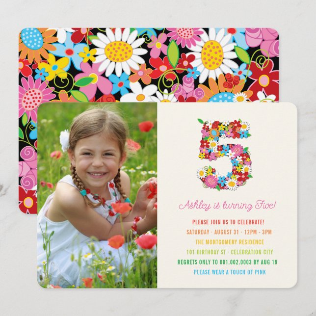 Spring Flowers Pink Girl 5th Birthday Photo Invite (Front/Back)