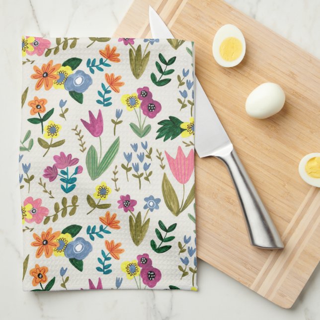 Spring flowers pink & green cute floral  kitchen towel (Quarter Fold)
