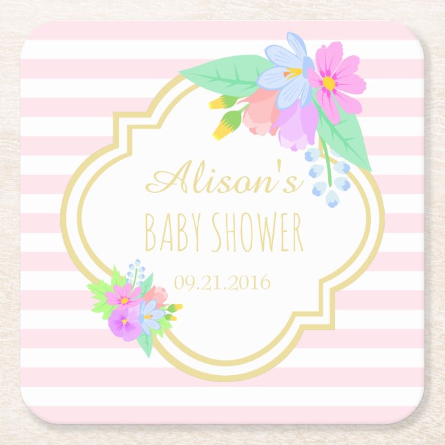 Spring Flowers Pink Stripes Baby Shower Coasters (Front)