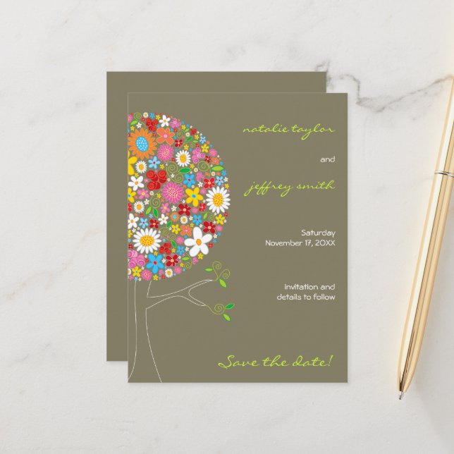 Spring Flowers Pop Tree Whimsical Save The Date Announcement Postcard (Front/Back In Situ)
