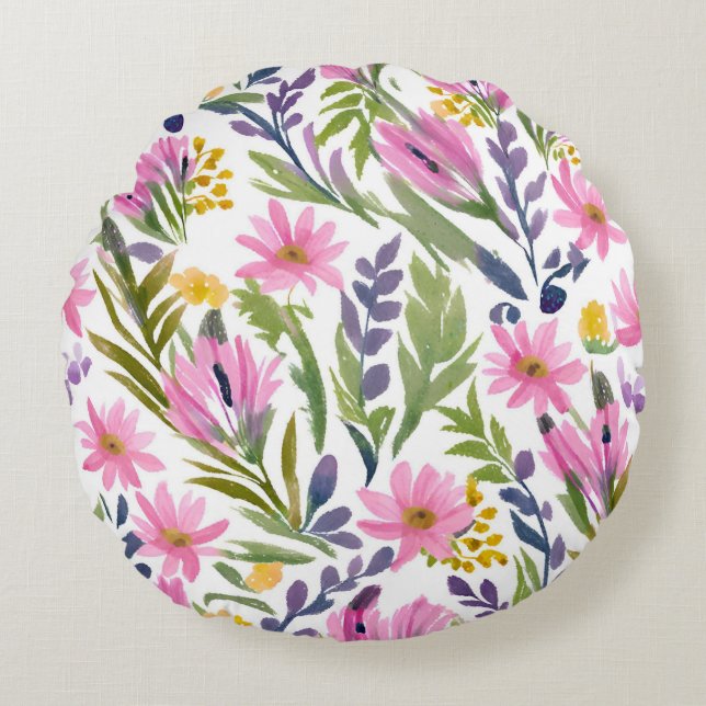 Spring Flowers | Pretty Pastel Floral Watercolor Round Pillow (Front)