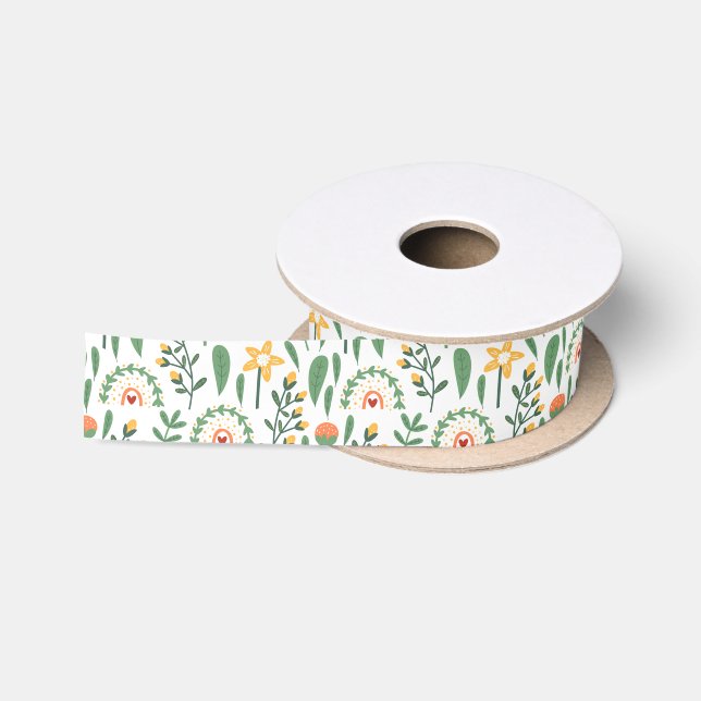 Spring Flowers Rainbow Modern Watercolor Floral Satin Ribbon (Spool)