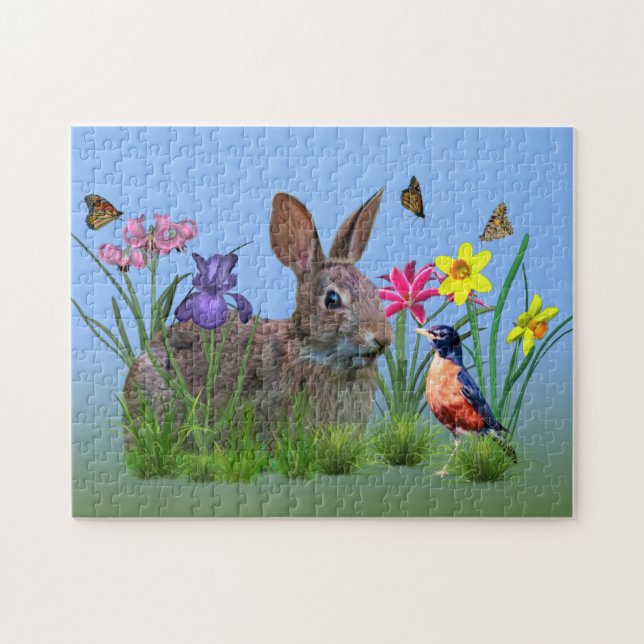 Spring Flowers, Robin,  and Bunny Rabbit Jigsaw Puzzle (Horizontal)