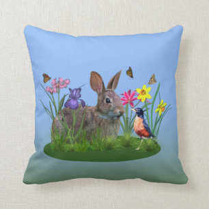 Spring Flowers, Robin,  and Bunny Rabbit Throw Pillow
