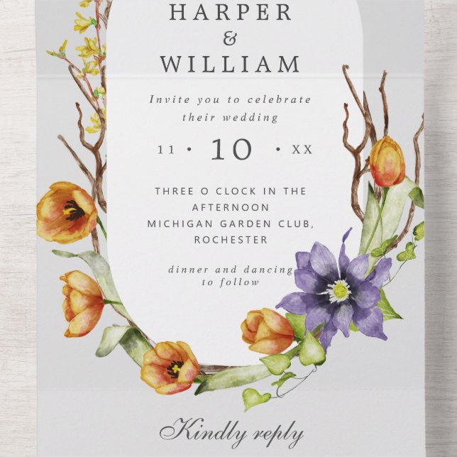spring flowers rsvp attached wedding all in one in all in one invitation (Inside Middle)