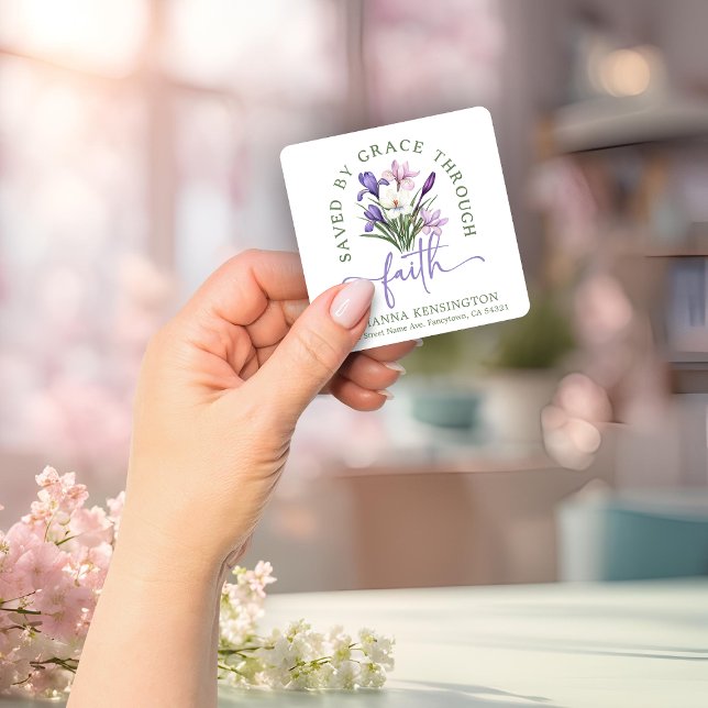 Spring Flowers Saved by Grace Return Address Square Sticker (Spring Flowers Saved by Grace Return Address Label Square Sticker)