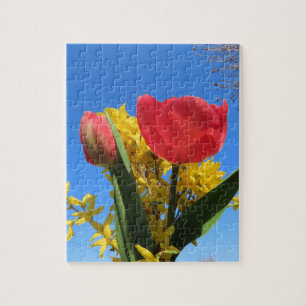 spring flowers, tulips, colourful + flowers, blue jigsaw puzzle