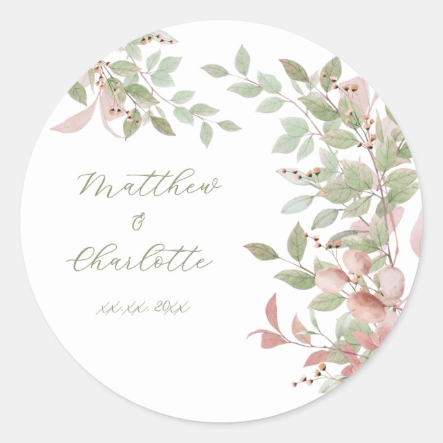 Spring Flowers Watercolor Pink Wedding Classic Round Sticker (Front)