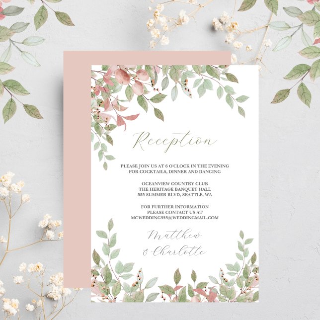 Spring Flowers Watercolor Pink Wedding Reception Enclosure Card (Watercolor Leaves, Green & Pink Wedding Reception Enclosure Card)