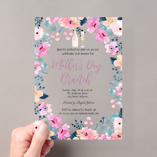 Spring Flowers Wine Mother's Day Brunch  Acrylic Invitations (Insitu (Handheld))