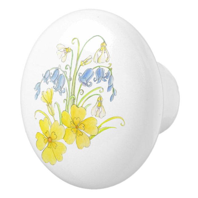 Spring flowers yellow blue ink and watercolor ceramic knob (Right)