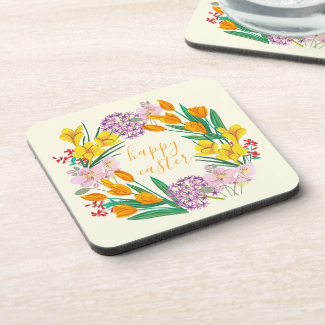 Spring flowers yellow easter floral tulip drawing coaster (Left Side)