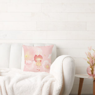 Spring Flute: Bunny Girl Playing Music in Pink Gar Throw Pillow