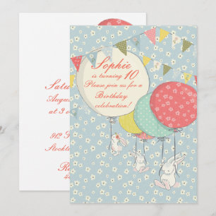 Spring flying Bunny Birthday Invitation