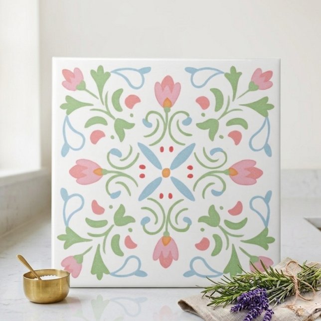 Spring Folk Art Floral Decorative Tile (Spring Folk Art Floral Decorative Tile)