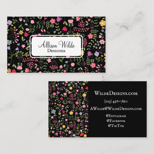 Spring for Wildflowers Floral Pattern on Black Business Card (Front/Back)