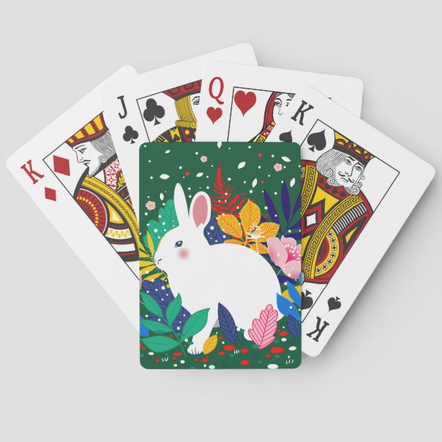 Spring Forest Flower White Bunny Playing Cards (Back)