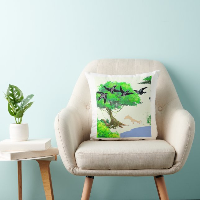 Spring Forest Life with Birds and Squirrel – Natur Throw Pillow (Chair)