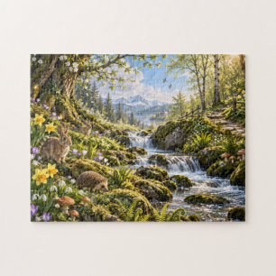 Spring Forest Stream Wildlife Illustration Jigsaw Puzzle