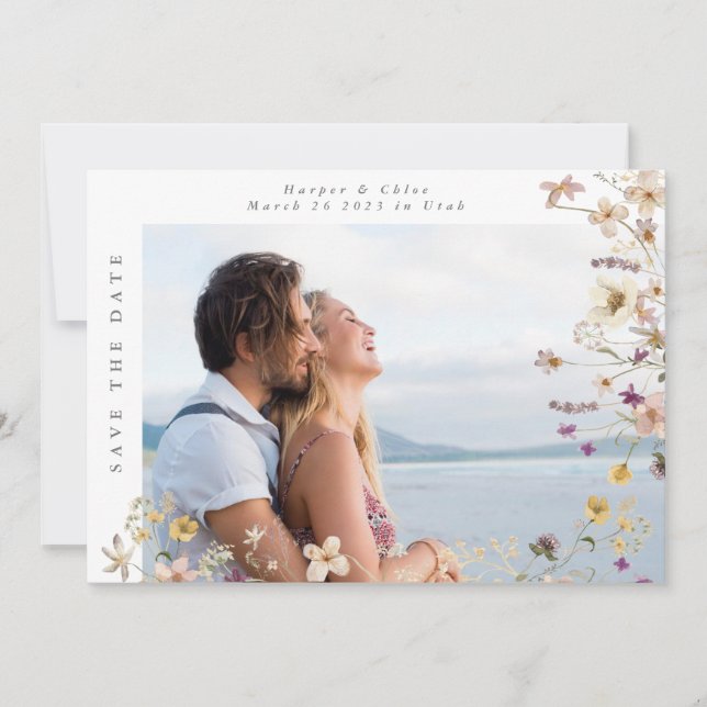 Spring Framed Wildflower Boho Wedding Photo Save The Date (Front)