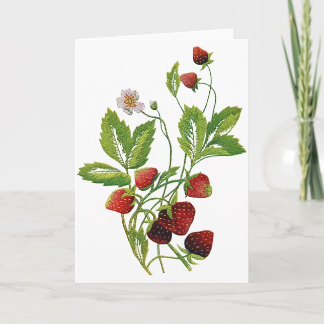Spring Fresh Strawberries Embroidery Holiday Card (Front)