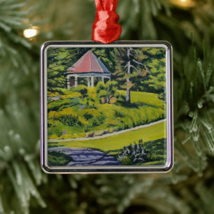 Spring Gabozebo with Pathes in Pinks Greens Metal Ornament
