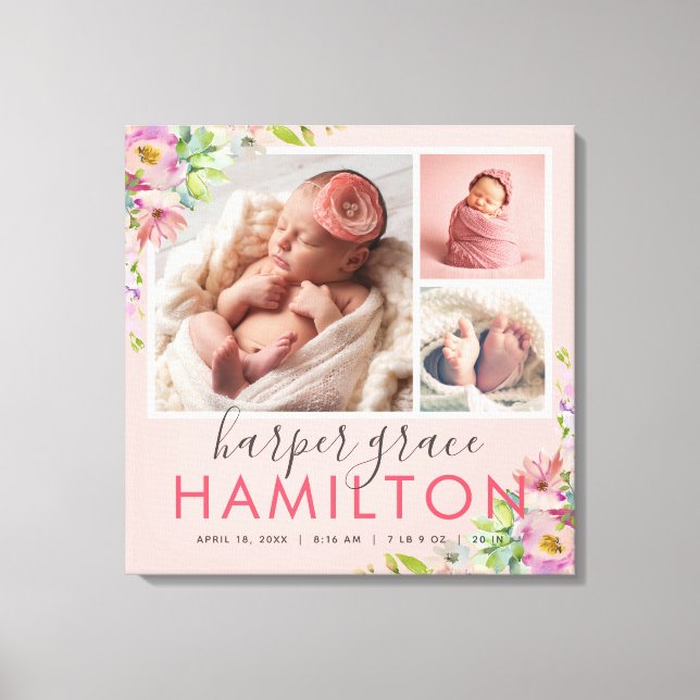 Spring Garden Baby Girl Birth Stats Photo Collage Canvas Print (Front)