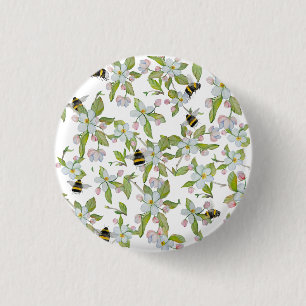 Spring garden blooms and bumblebees 1 inch round button