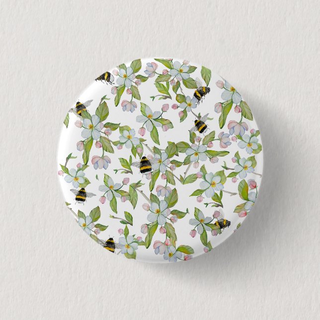 Spring garden blooms and bumblebees 1 inch round button (Front)