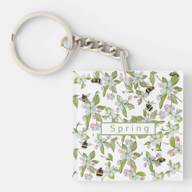 Spring garden blooms and bumblebees keychain (Front)