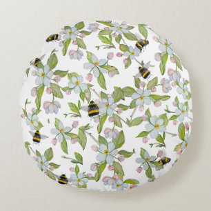 Spring garden blooms and bumblebees round pillow