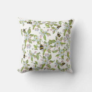 Spring garden blooms and bumblebees throw pillow